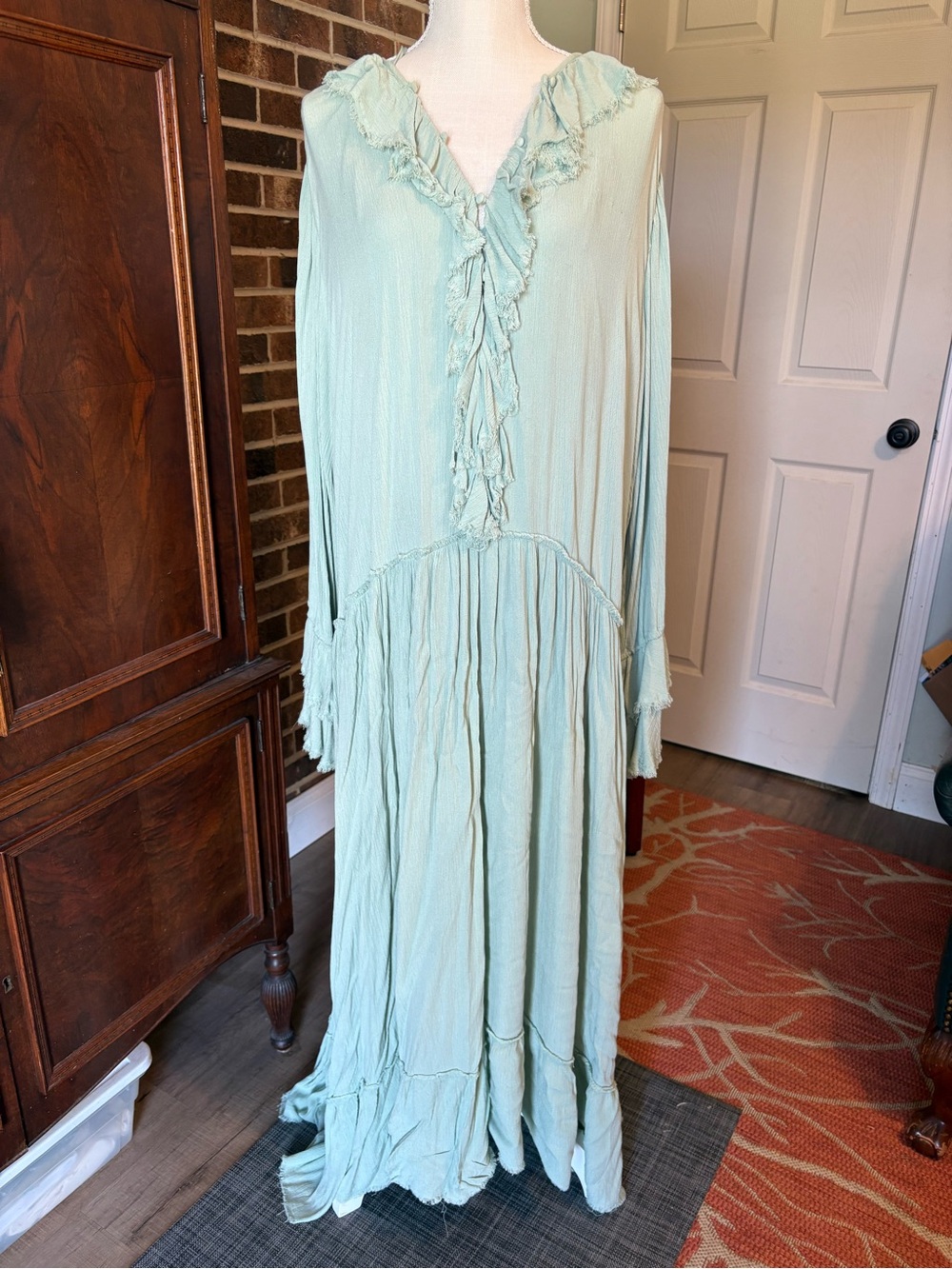Boho Ruffle V-Neck Maxi Dress in Light Sage